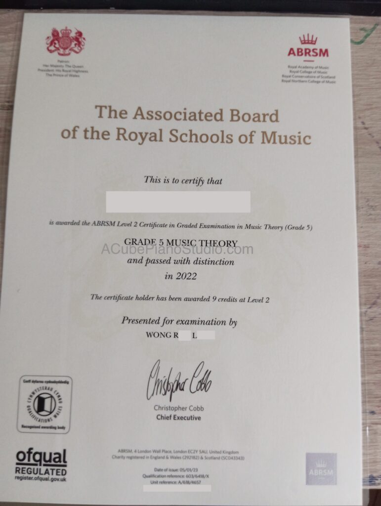 Student from ACubePianoStudio.com scored distinction for ABRSM Grade 5 Music Theory Exams.