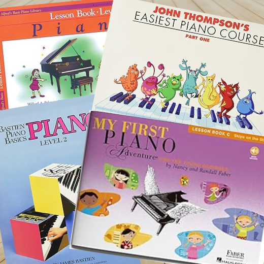Piano Method books for piano beginners. This includes John Thompson's Easiest Piano Course, My First Piano Adventure, Bastien Piano Basics, Alfred's Piano Basic Book Library