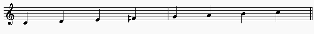 Notes of  C Lydian on the music stave or staff. this is an ascending Lydian scale.
