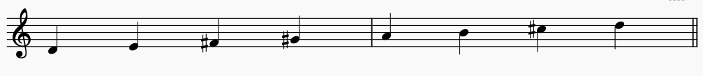 Notes of  D Lydian on the music stave or staff. this is an ascending Lydian scale.
