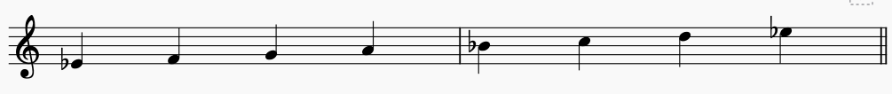 Notes of  E flat Lydian on the music stave or staff. this is an ascending Lydian scale.
