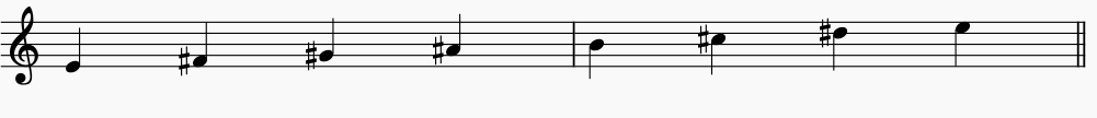 Notes of  E Lydian on the music stave or staff. this is an ascending Lydian scale.
