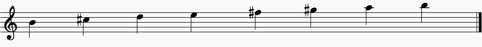 Here are the notes of the B Dorian scale on the music stave or music staff.