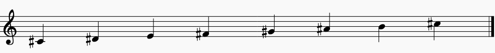 Here are the notes of the C# Dorian scale on the music stave or music staff.