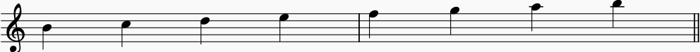 Notes of  B Locrian on the music stave or staff. this is an ascending Locrian scale.
