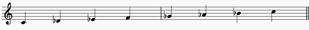 Notes of  C Locrian on the music stave or staff. this is an ascending Locrian scale.