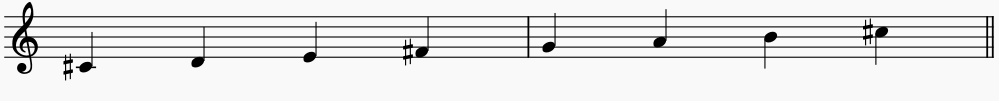 Notes of C#  Locrian on the music stave or staff. this is an ascending Locrian scale.
