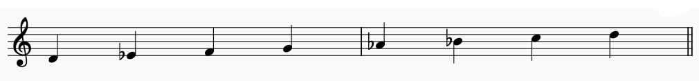 Notes of  D Locrian on the music stave or staff. this is an ascending Locrian scale.
