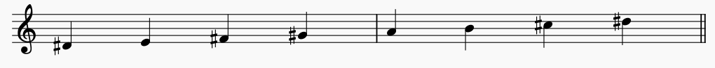 Notes of D#  Locrian on the music stave or staff. this is an ascending Locrian scale.
