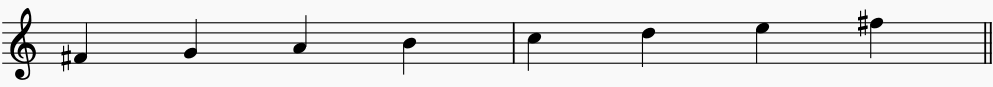 Notes of  F# Locrian on the music stave or staff. this is an ascending Locrian scale.
