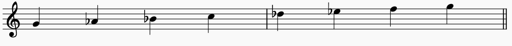 Notes of  G Locrian on the music stave or staff. this is an ascending Locrian scale.
