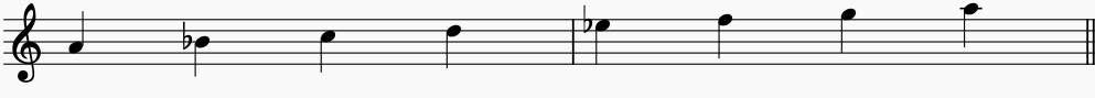 Notes of  A Locrian on the music stave or staff. this is an ascending Locrian scale.
