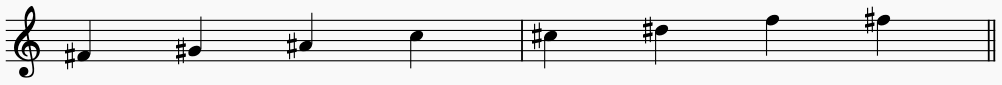 Notes of  F# Lydian on the music stave or staff. this is an ascending Lydian scale.
