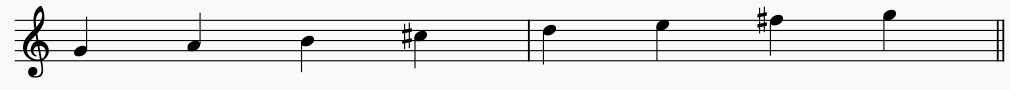 Notes of  G Lydian on the music stave or staff. this is an ascending Lydian scale.
