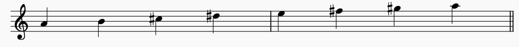 Notes of  A Lydian on the music stave or staff. this is an ascending Lydian scale.
