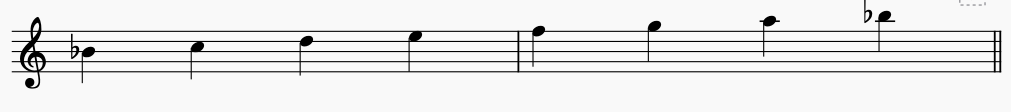 Notes of  B♭ Lydian on the music stave or staff. this is an ascending Lydian scale.
