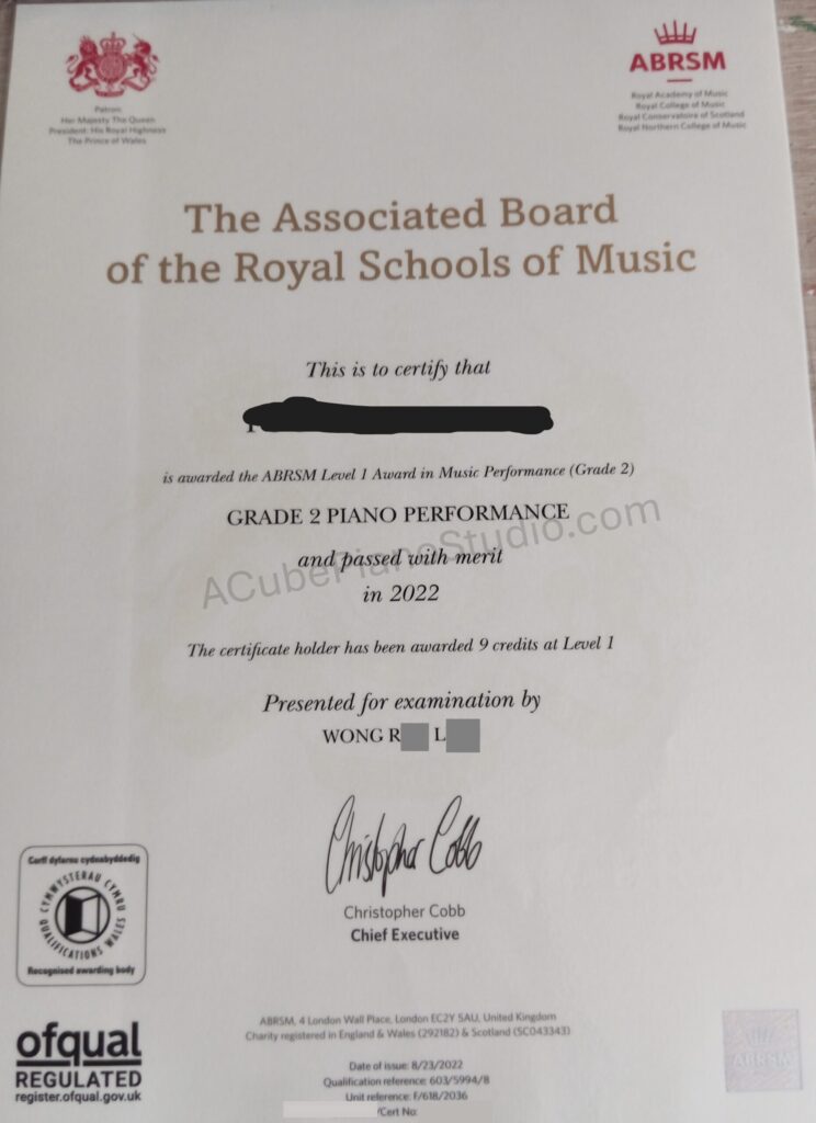Student from ACubePianoStudio.com scored distinction for ABRSM Grade 2 Performance Grade Exams.